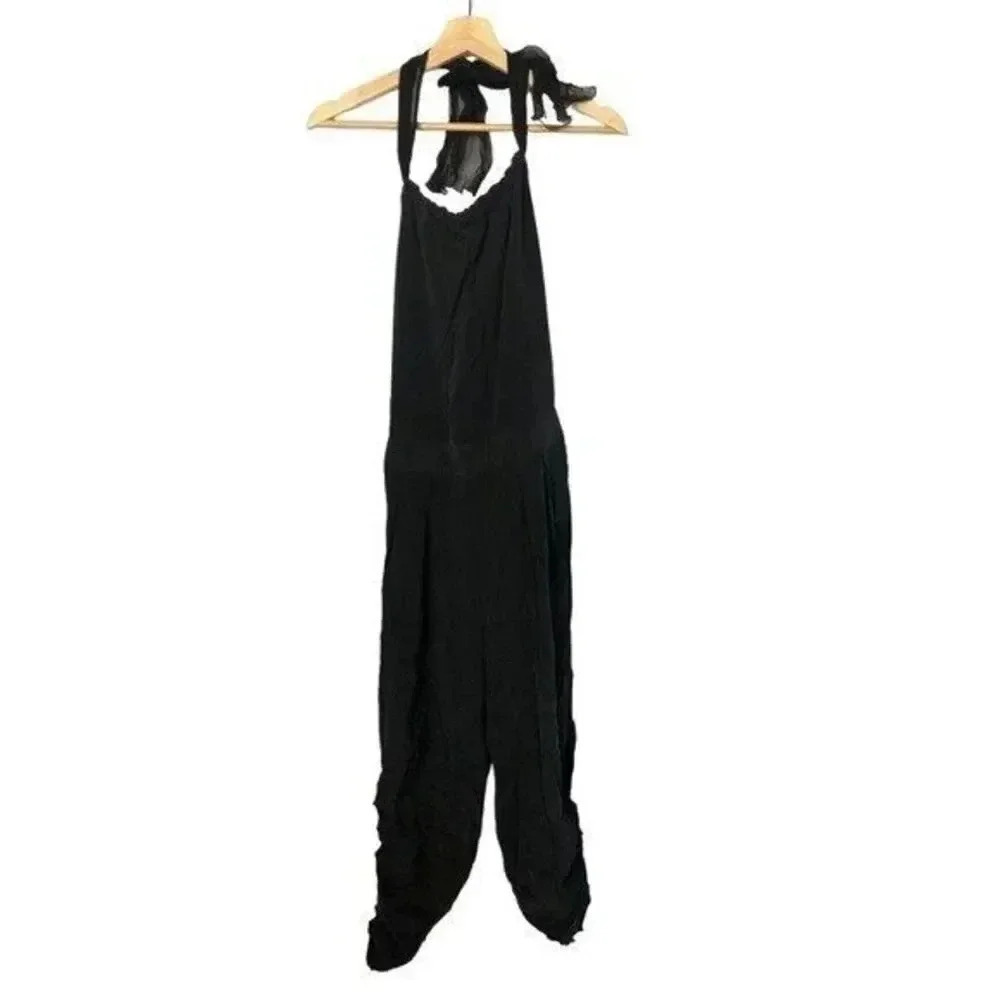 Anthropologie Varanasi Black Silk Halter Cropped Jumpsuit L